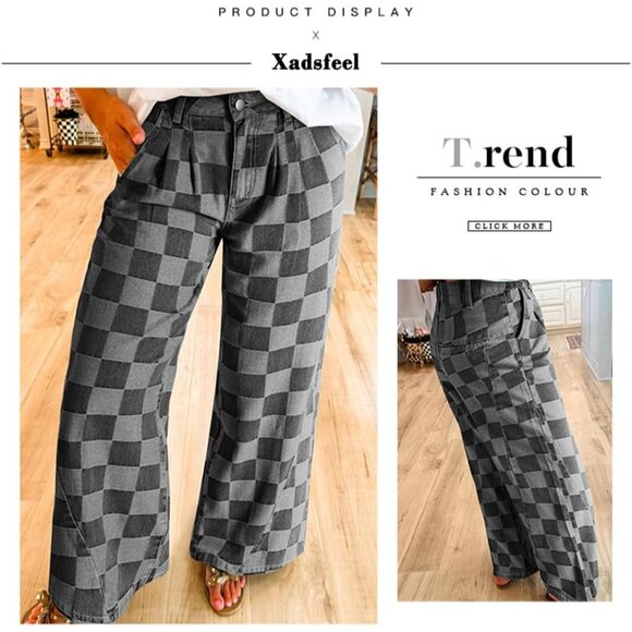 Women’s Plaid Pattern Baggy Wide Leg Jeans High Waist Denim Pants - Picture 2 of 3